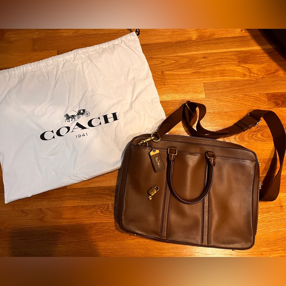 COACH Metropolitan Slim Brief (Briefcase) in Saddle Brown and Brass - Picture 2 of 8